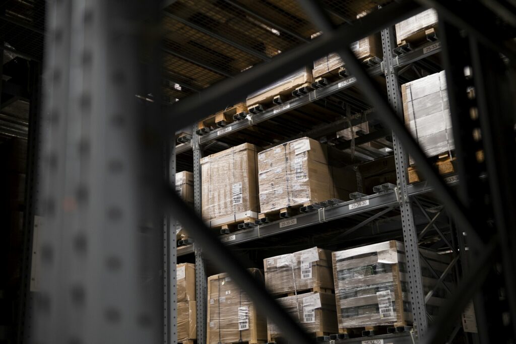 Packed cartons and pallets in a warehouse